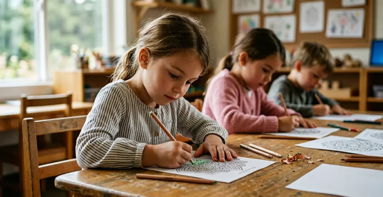 Enfants concentrés coloriant des mandalas en classe après la récréation