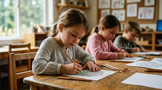 Enfants concentrés coloriant des mandalas en classe après la récréation