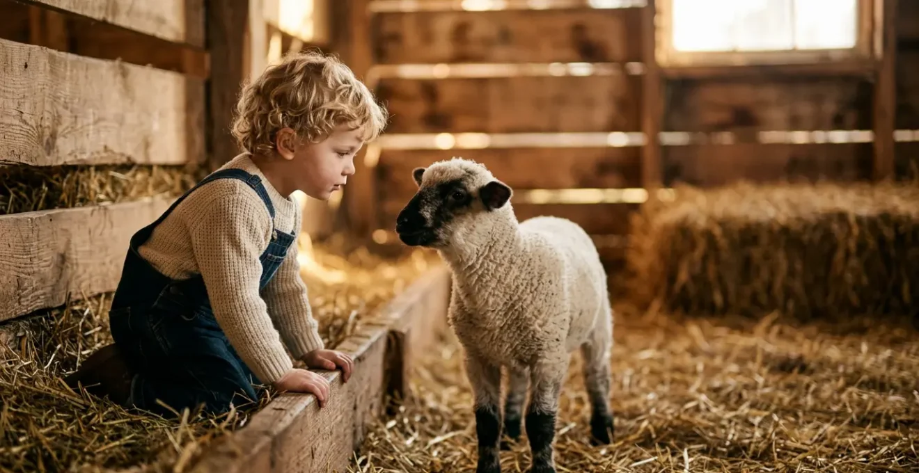 Jeune enfant de 3-5 ans observant attentivement un agneau dans une ferme pédagogique
