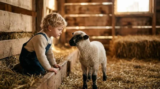 Jeune enfant de 3-5 ans observant attentivement un agneau dans une ferme pédagogique