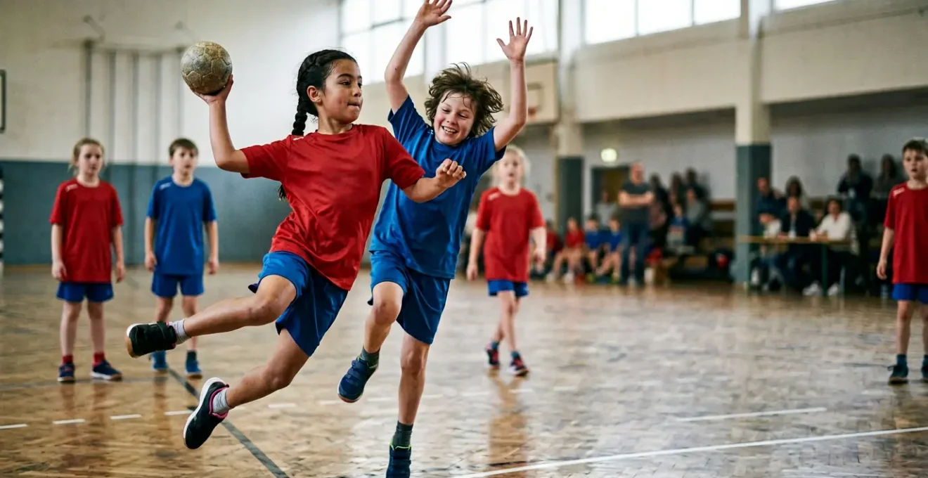 Enfants jouant au handball avec intensité et joie sur un terrain intérieur