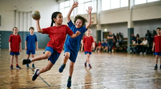 Enfants jouant au handball avec intensité et joie sur un terrain intérieur
