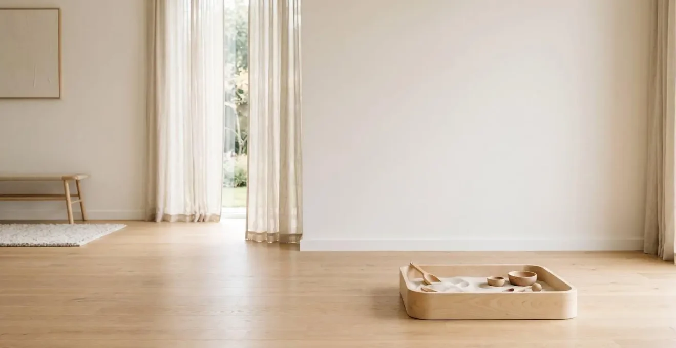 Espace minimaliste et épuré pour activités sensorielles avec lumière naturelle douce
