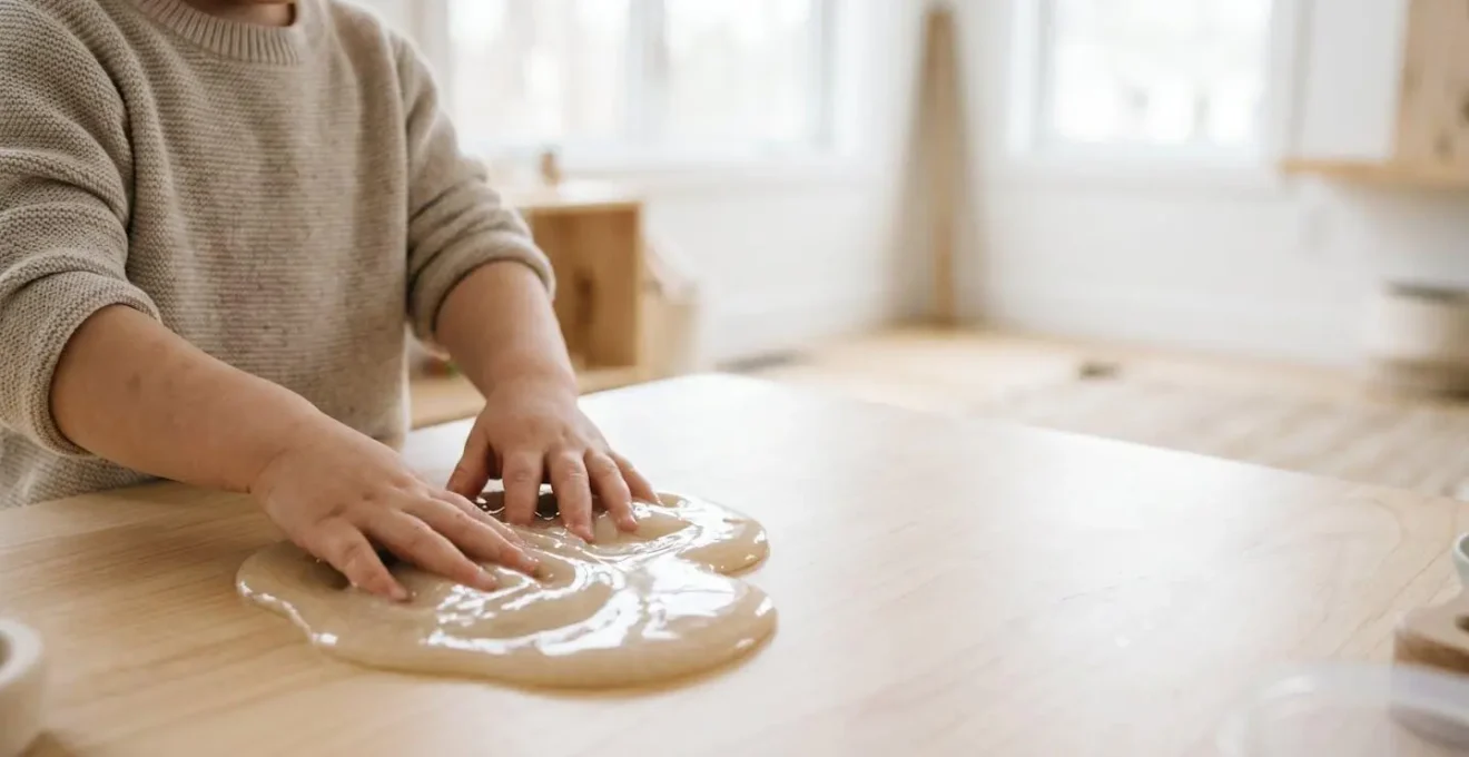 Exploration tactile d'une texture gluante par les mains d'un jeune enfant