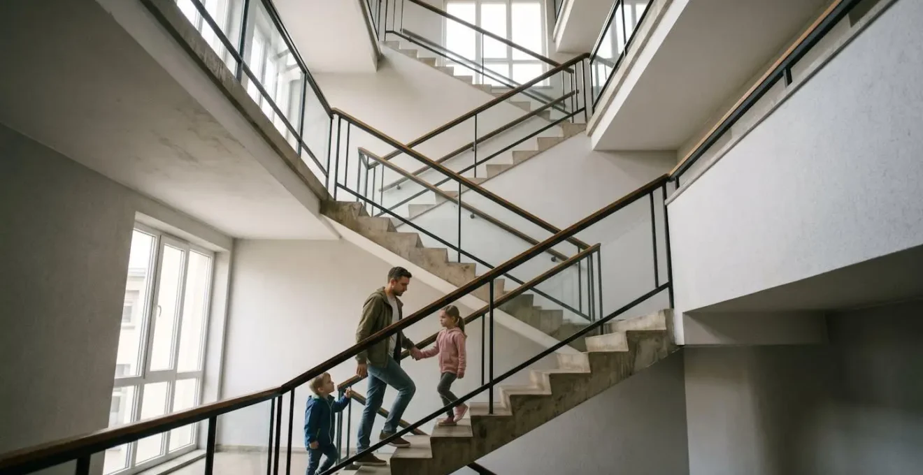 Famille montant joyeusement les escaliers ensemble dans un immeuble résidentiel
