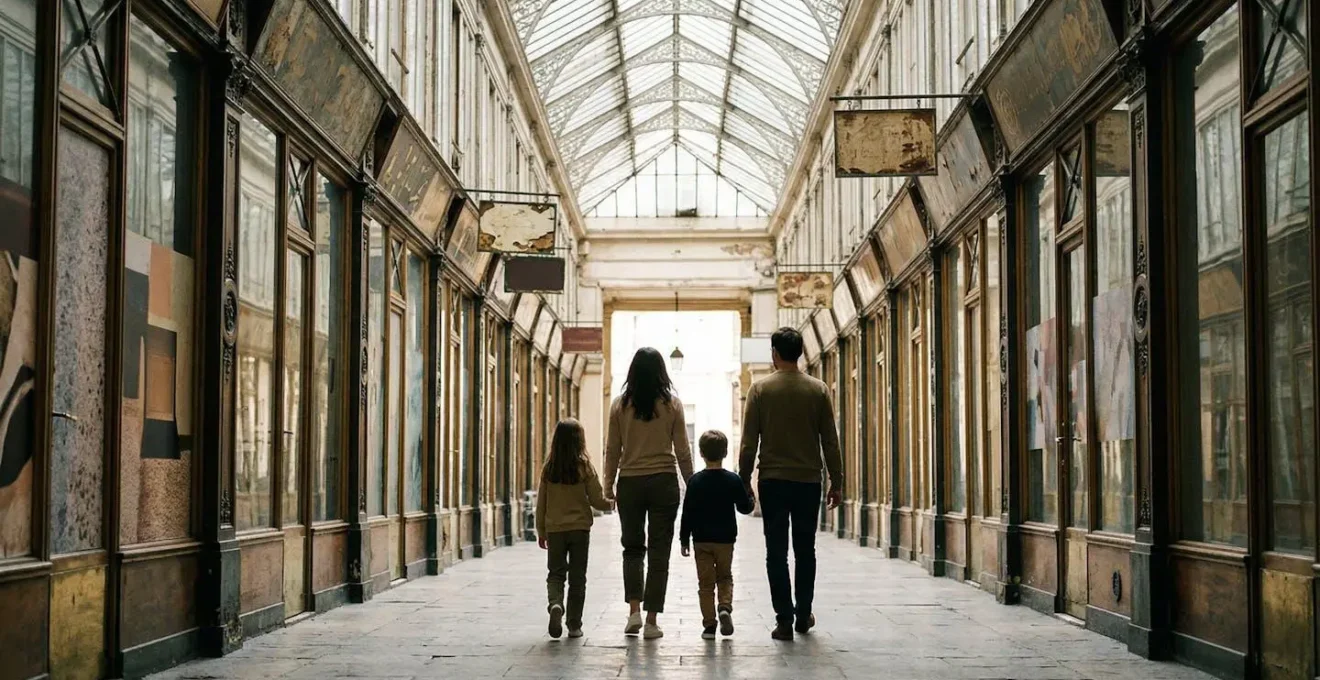 Famille explorant un passage couvert parisien authentique loin des foules touristiques