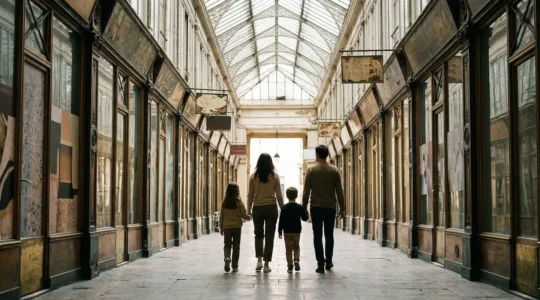 Famille explorant un passage couvert parisien authentique loin des foules touristiques