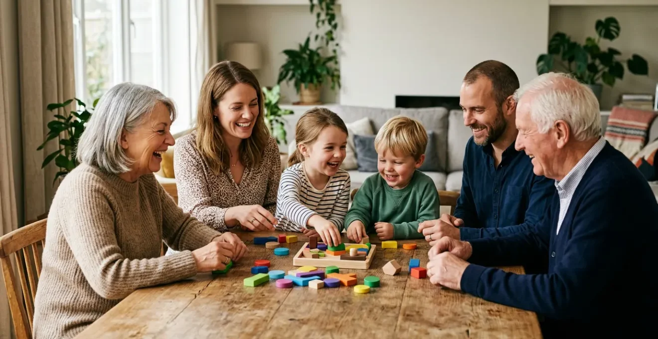 Famille joyeuse partageant un moment de jeu et de complicité ensemble dans un environnement chaleureux