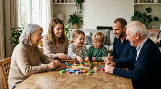 Famille joyeuse partageant un moment de jeu et de complicité ensemble dans un environnement chaleureux