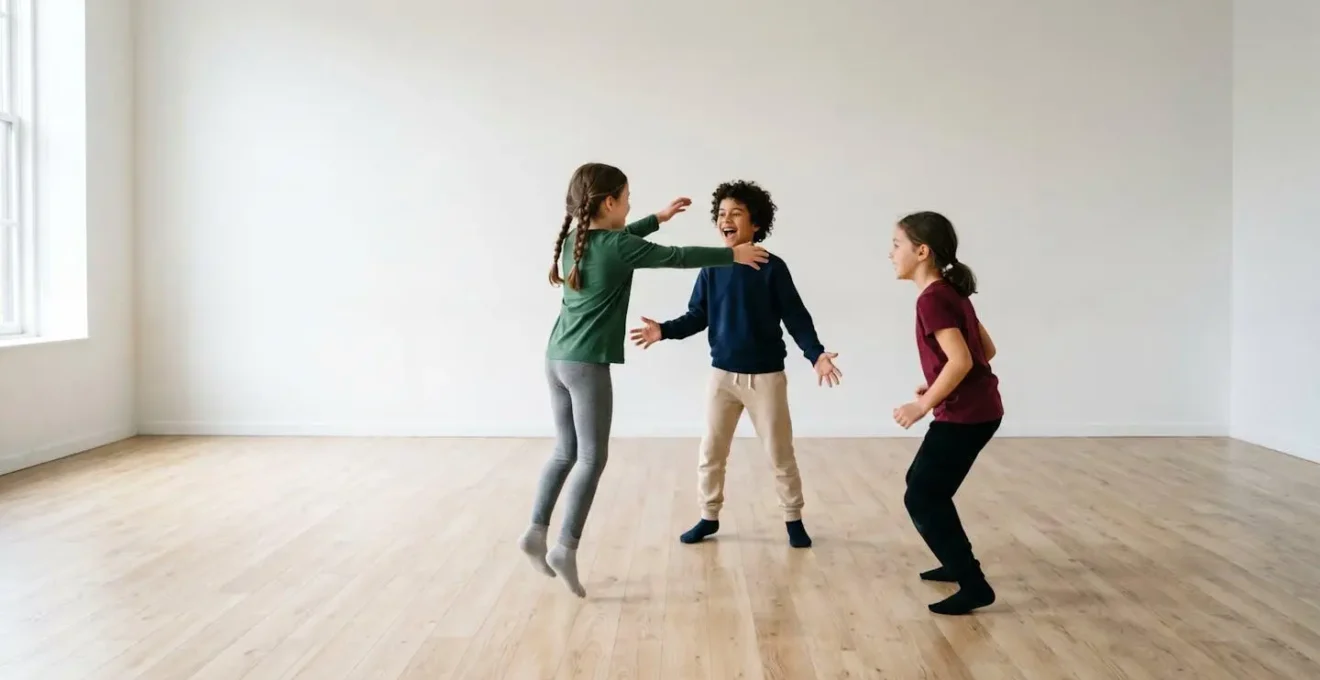 Exercice d'improvisation théâtrale avec enfants en mouvement dynamique et écoute active