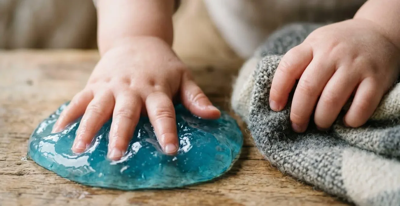 Mains d'enfant explorant différentes textures sensorielles dans un environnement minimaliste et apaisant