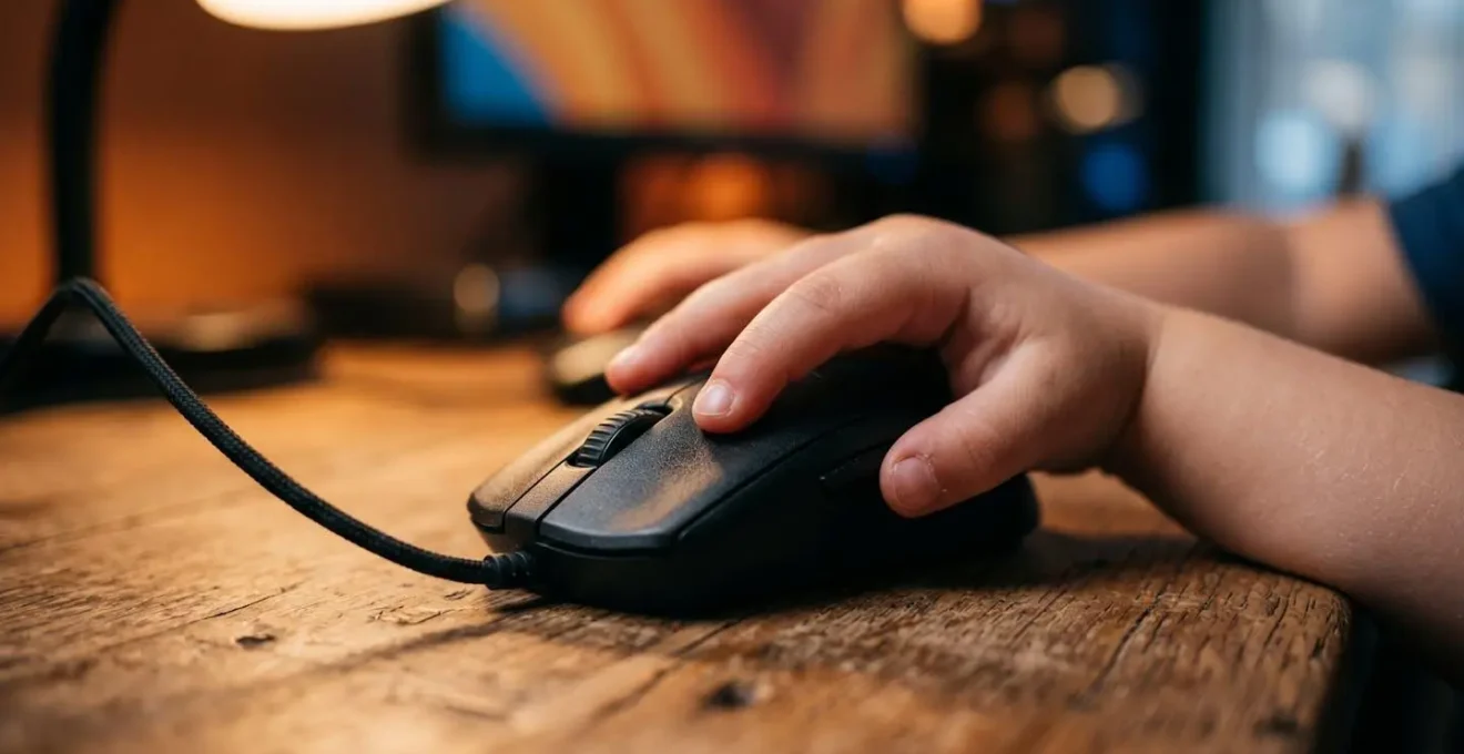 Gros plan sur des mains d'enfant manipulant une souris devant un écran montrant une timeline de montage vidéo colorée