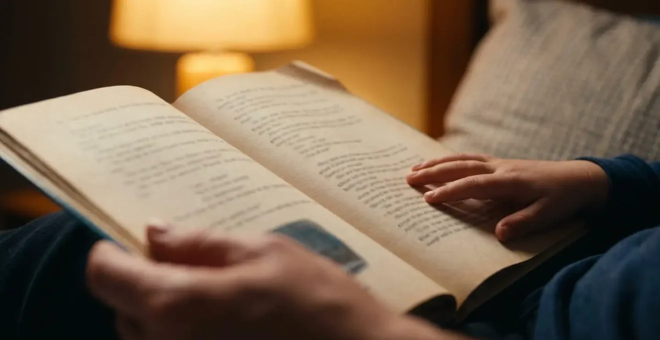 Moment intime de lecture du soir, lumière douce de lampe de chevet, atmosphère apaisante