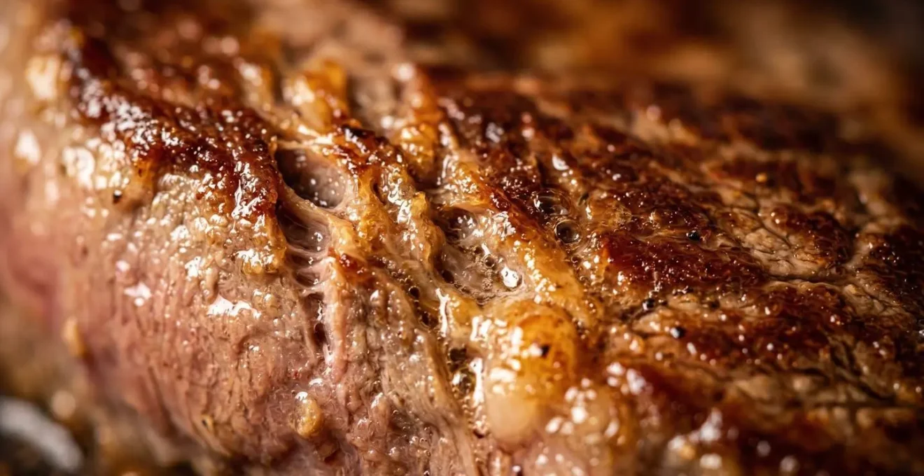 Gros plan macro d'une croûte dorée se formant sur une viande pendant la cuisson