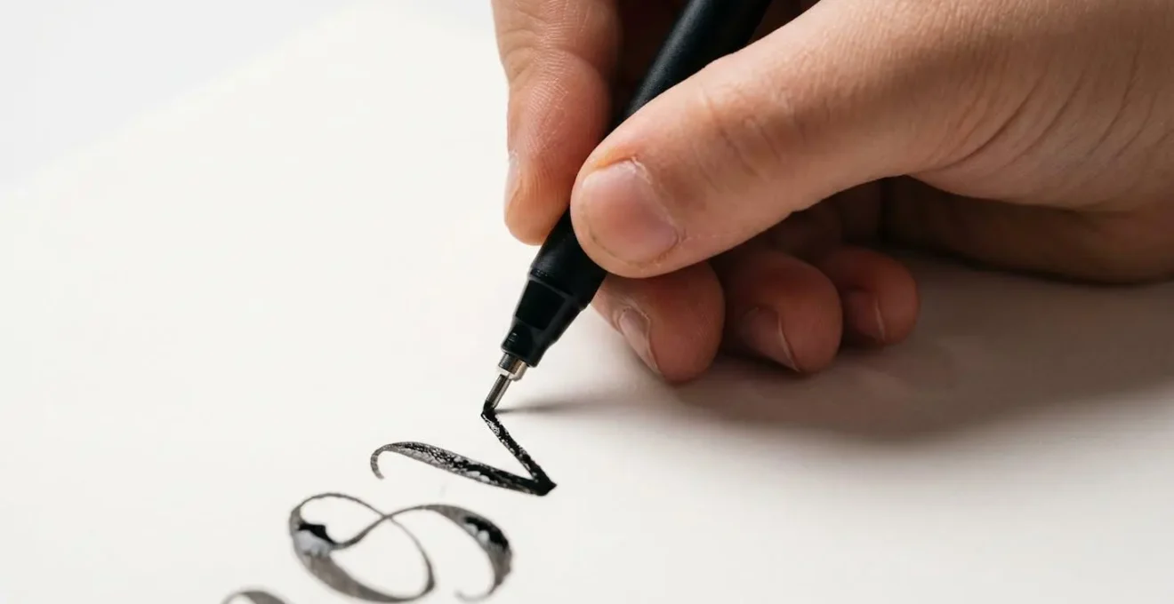 Main d'enfant pratiquant la technique de fausse calligraphie avec un stylo noir sur du papier blanc