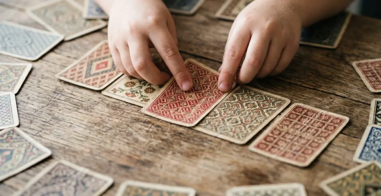 Mains d'enfant arrangeant des cartes à jouer en séquence logique sur une table