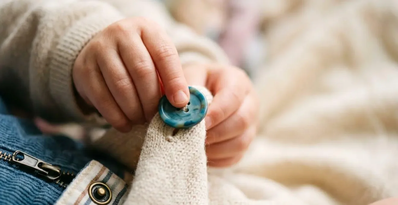 Gros plan sur les mains d'un enfant développant sa motricité fine avec différentes fermetures