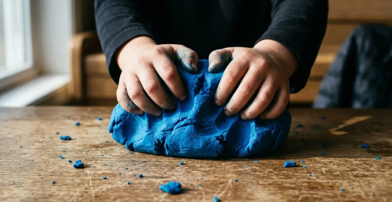 Mains d'enfant pétrissant énergiquement de la pâte à modeler pour évacuer les tensions