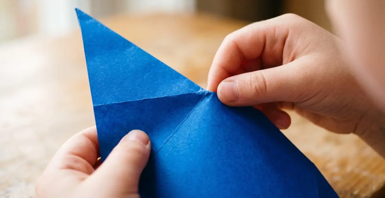 Gros plan des mains d'un enfant exécutant un pli montagne avec du papier origami