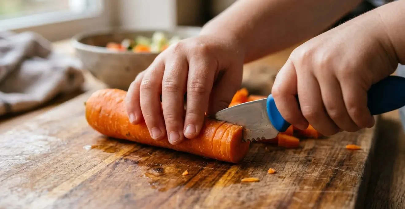 Gros plan sur les mains d'un enfant tenant correctement un couteau adapté avec la technique de la main en griffe