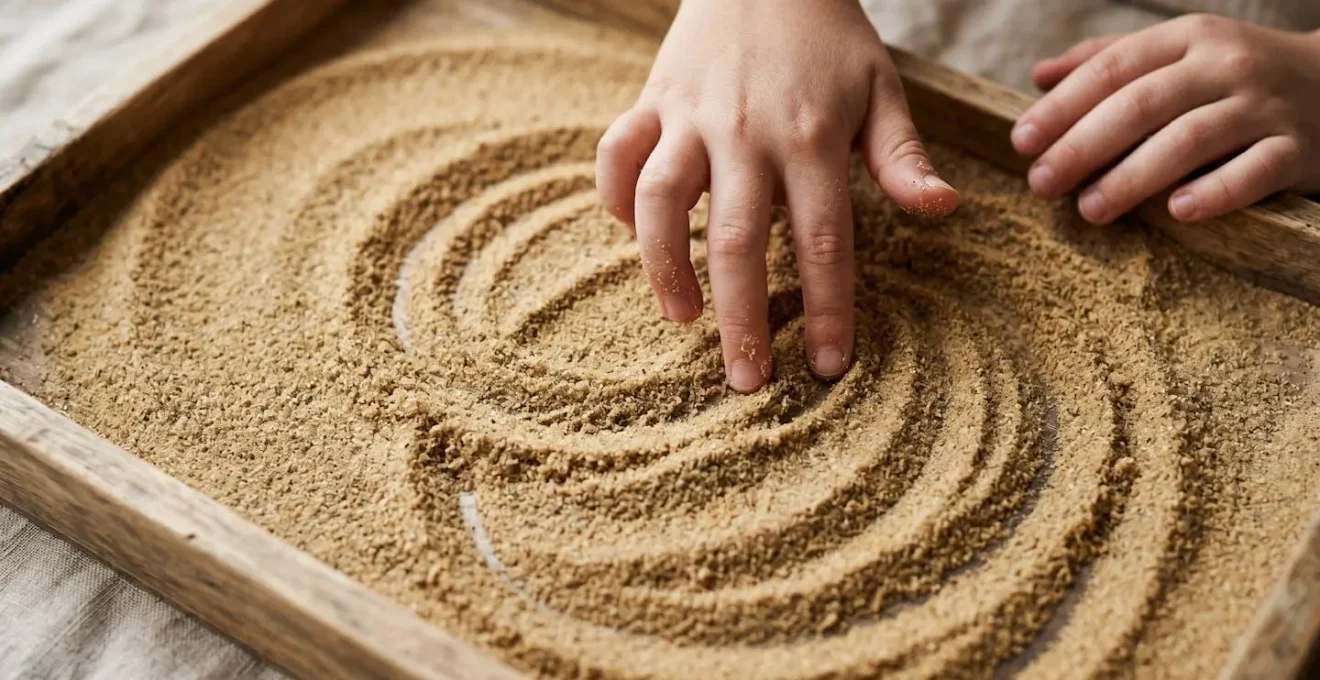 Gros plan sur les mains d'un enfant traçant des formes libres dans un plateau de sable, lumière naturelle