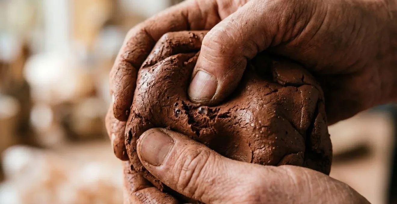 Vue macro des mains pétrissant l'argile révélant la texture tactile et les gestes thérapeutiques