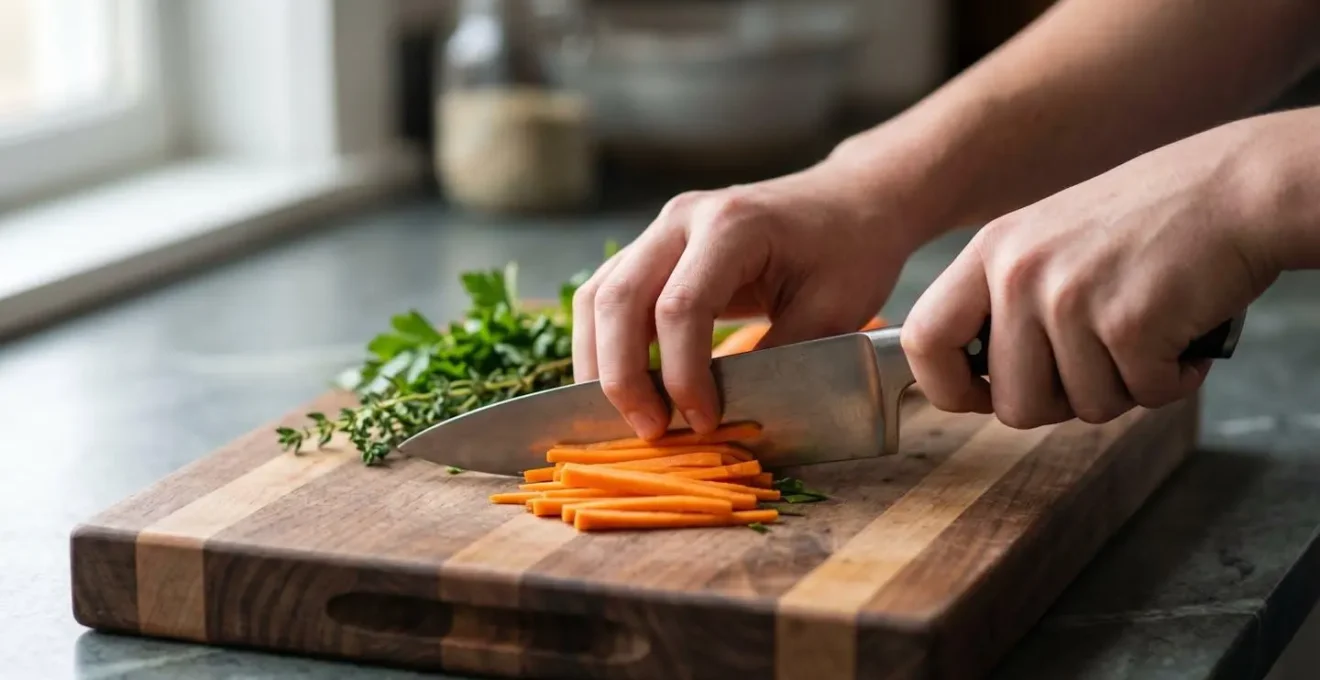 Gros plan sur des mains d'adolescent en position griffe professionnelle coupant des légumes avec précision