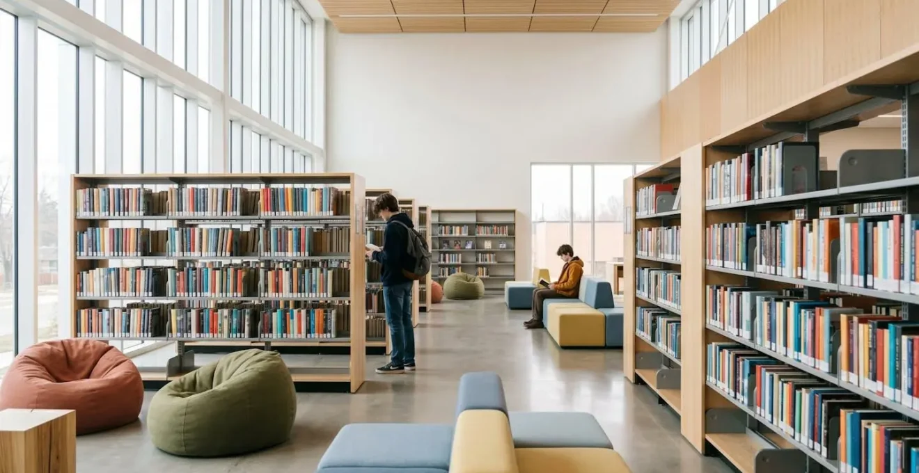 Espace adolescents dans une médiathèque moderne, ambiance accueillante et lumineuse avec rayonnages colorés