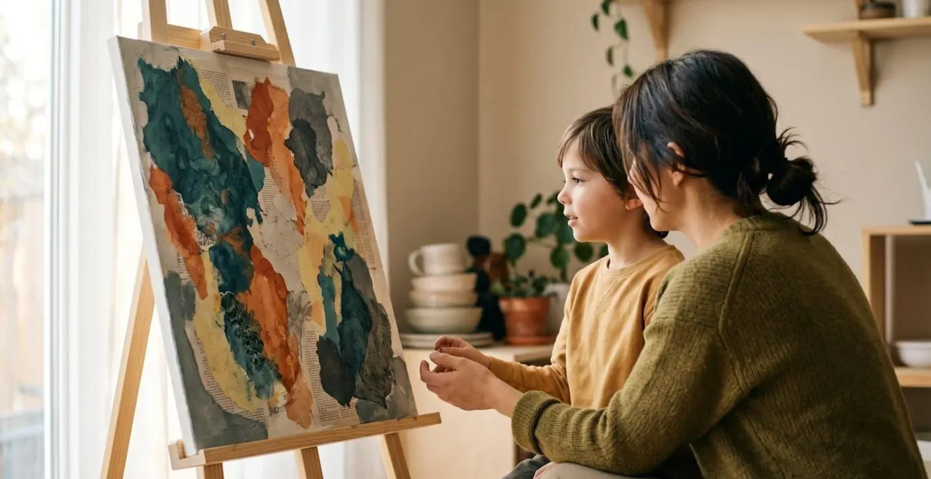 Parent et enfant côte à côte, observant ensemble une création abstraite dans une posture d'écoute bienveillante
