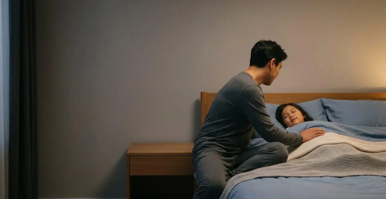Parent racontant une histoire à un enfant au coucher dans une lumière douce et apaisante