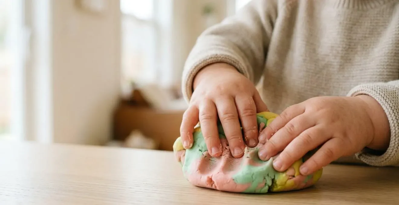 Mains d'un bébé manipulant de la pâte à modeler colorée dans un environnement sécurisé