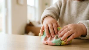 Mains d'un bébé manipulant de la pâte à modeler colorée dans un environnement sécurisé