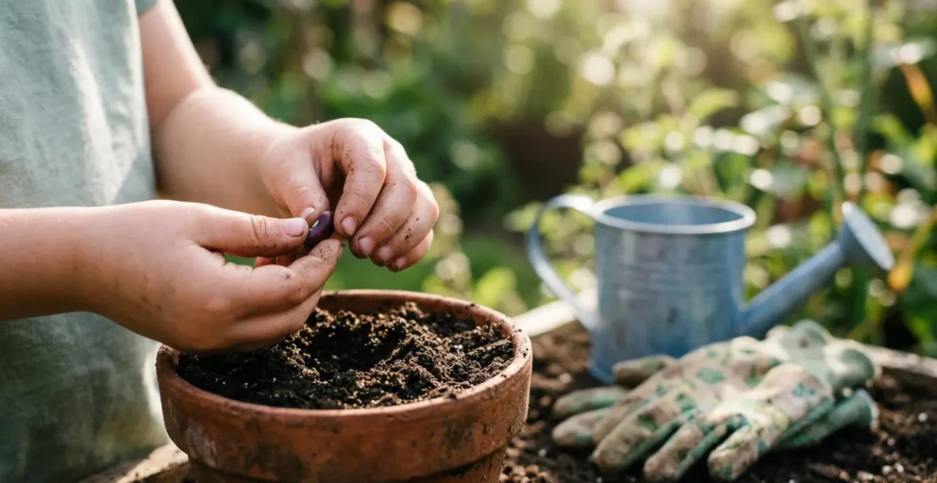 Mains d'enfant plantant une graine dans la terre d'un potager familial