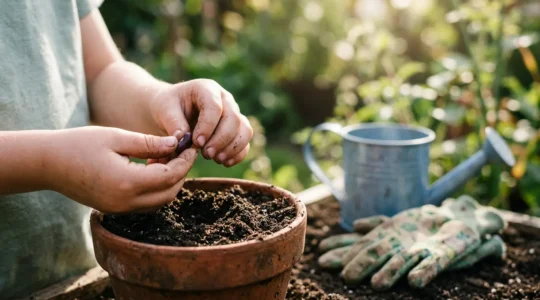 Mains d'enfant plantant une graine dans la terre d'un potager familial