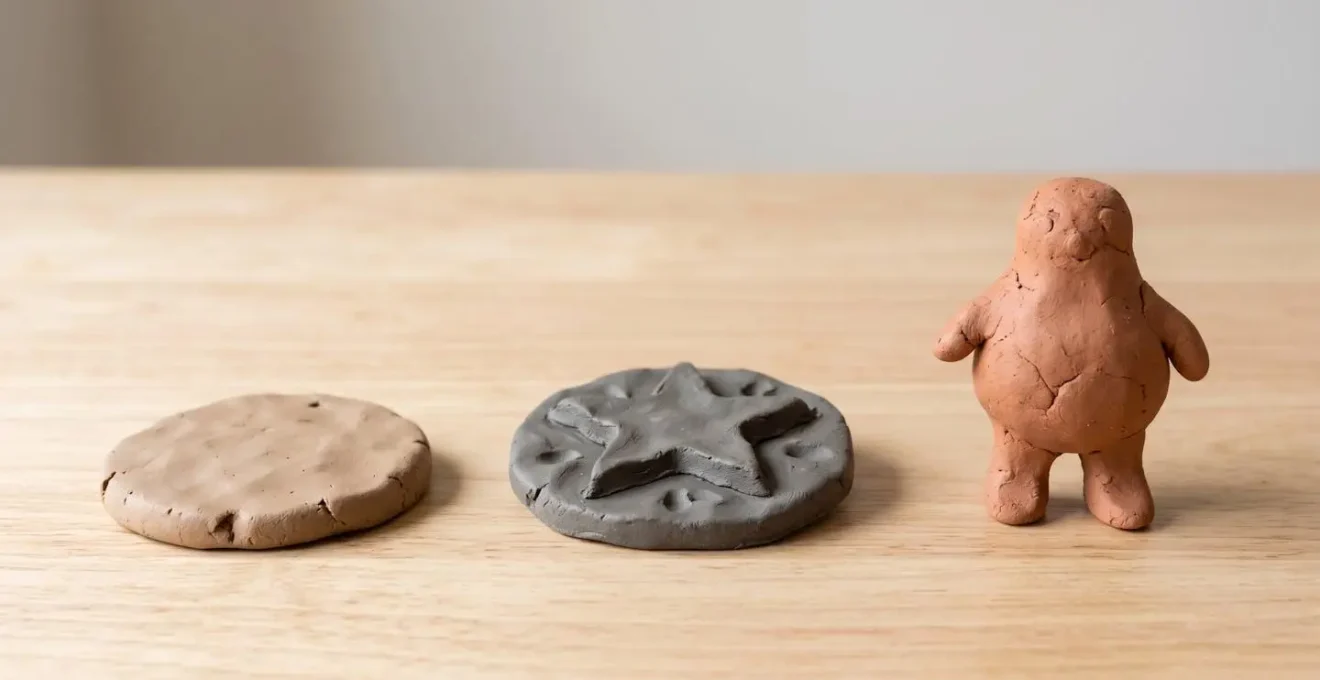 Séquence progressive montrant la transition d'une forme plate en argile vers une sculpture debout tridimensionnelle