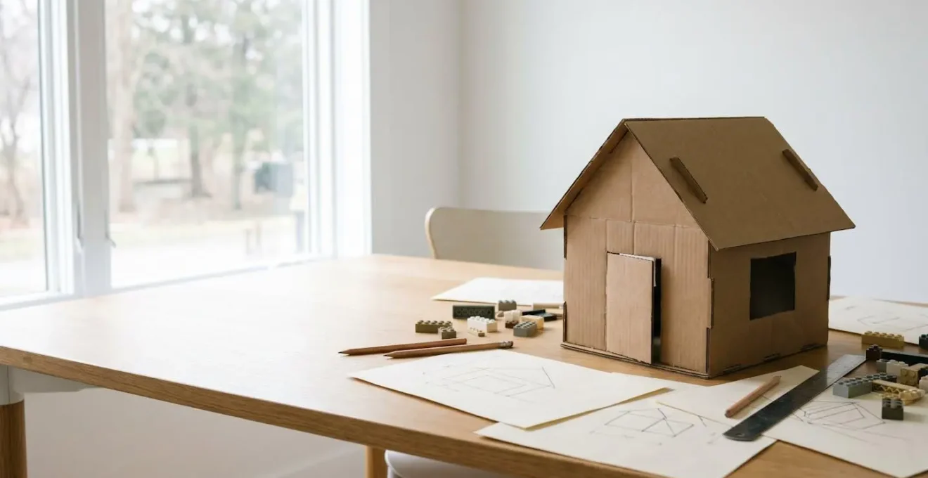 Maquette en carton d'une cabane posée sur une table de travail avec des croquis et des crayons