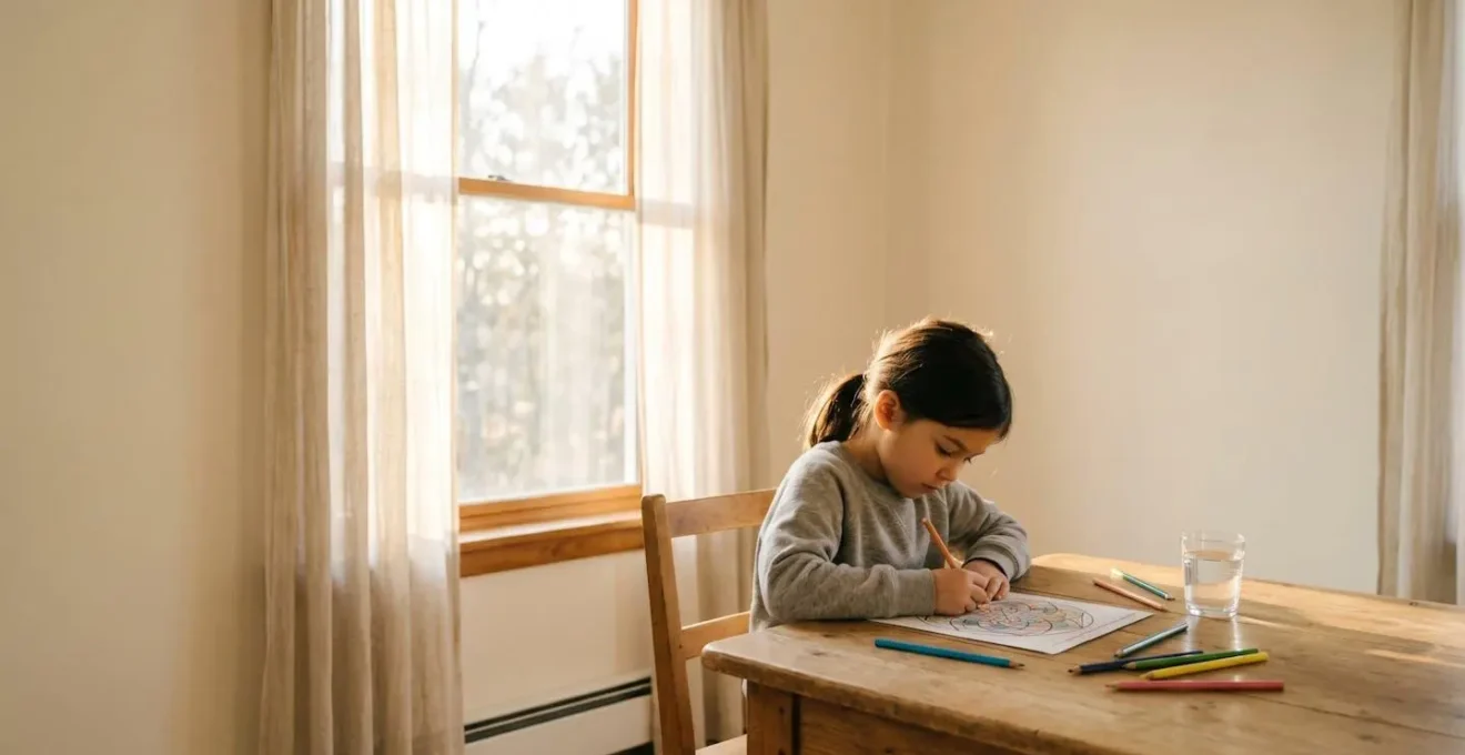 Atmosphère sereine d'un enfant retrouvant son calme après l'école grâce au coloriage