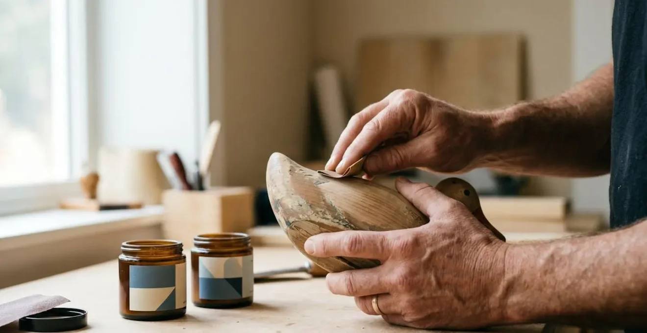 Processus de rénovation sécurisée d'un jouet en bois ancien avec ponçage et finitions non toxiques