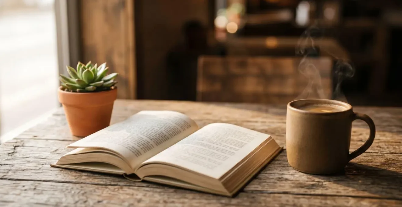 Table de café avec livre ouvert et boisson chaude, lumière naturelle douce du matin