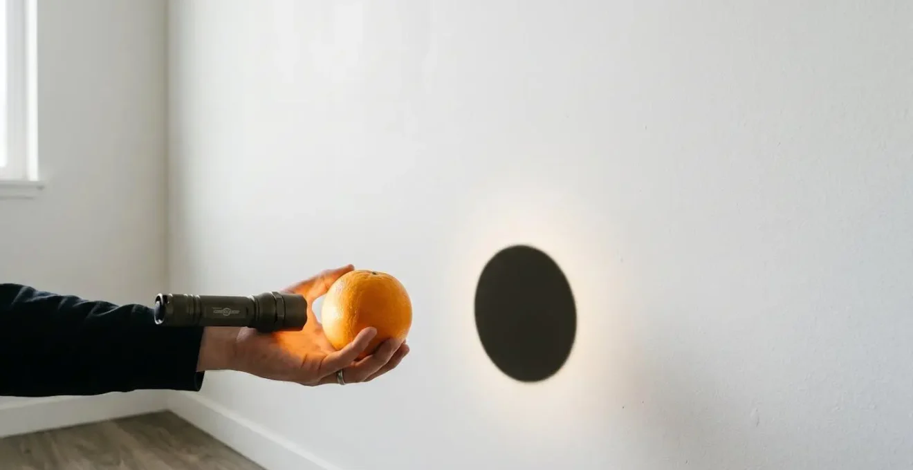 Ombre circulaire projetée sur un mur blanc par une orange éclairée par une lampe de poche