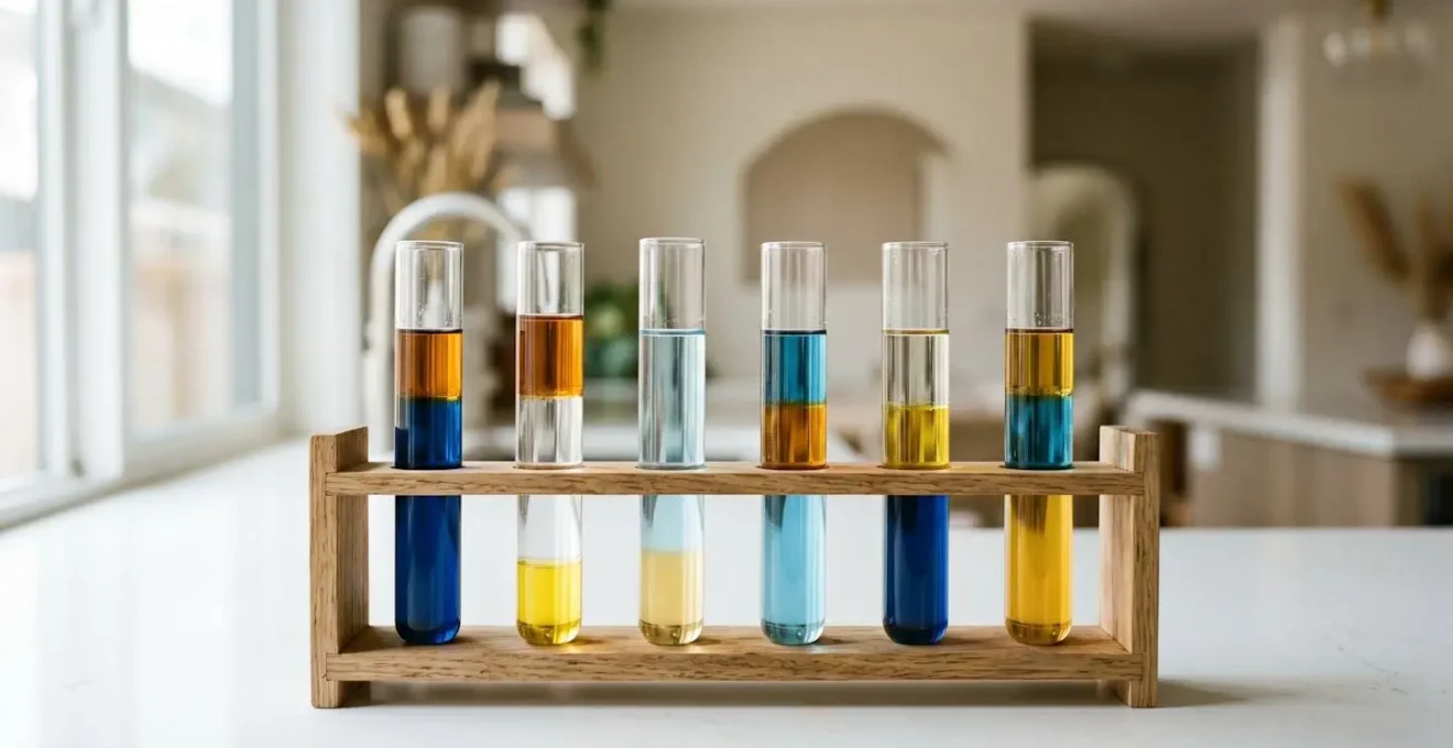 Série de tubes à essai transparents remplis de liquides colorés de densités différentes formant des couches distinctes pour une expérience scientifique de réutilisation créative