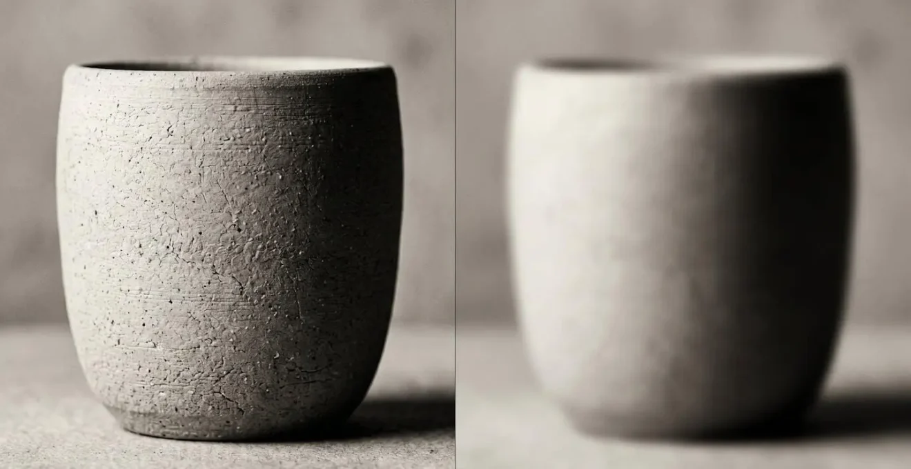 Contraste entre vision détaillée et vision simplifiée montrant l'effet du plissement des yeux sur la perception des masses