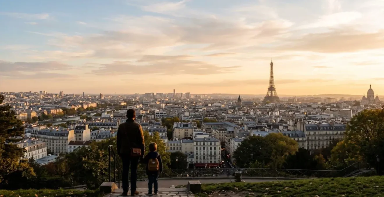 Vue panoramique de Paris avec la Tour Eiffel visible au loin depuis un point de vue alternatif