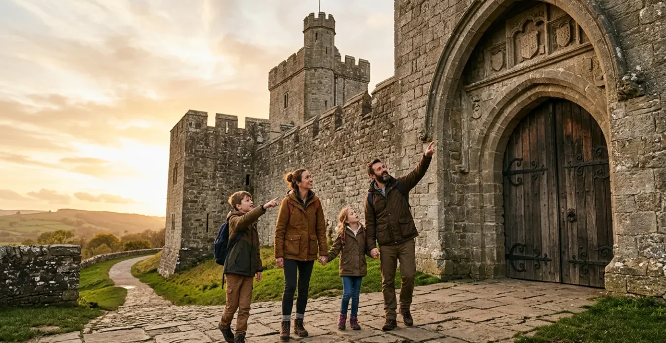 Famille avec enfants explorant un château médiéval lors d'une sortie éducative en plein air
