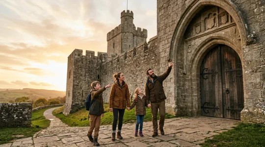 Famille avec enfants explorant un château médiéval lors d'une sortie éducative en plein air
