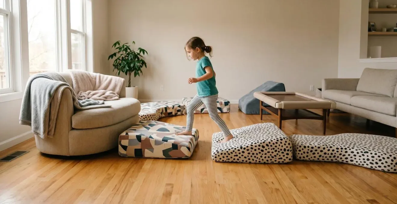 Enfant naviguant dans un parcours d'obstacles securise a la maison avec coussins et meubles