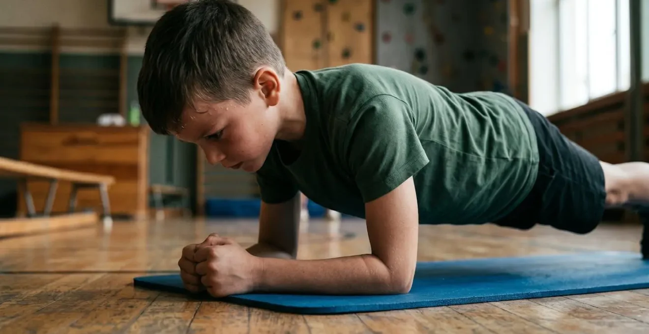Enfant en position de gainage planche montrant la stabilite du tronc et la concentration