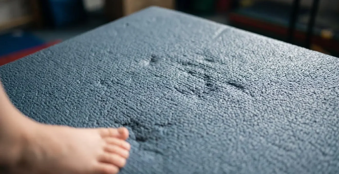 Gros plan sur un tapis de gymnastique en mousse montrant sa texture amortissante