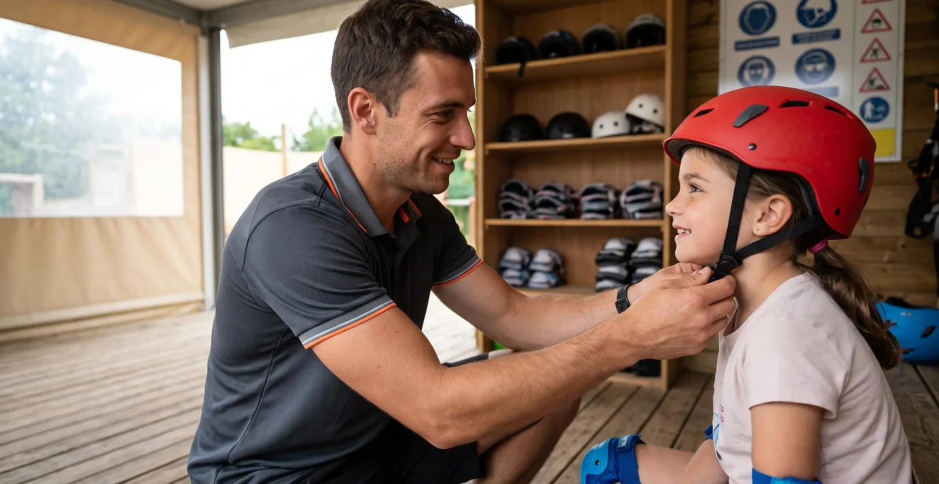 Animateur de parc de loisirs ajustant un casque de protection rouge sur la tête d'une enfant souriante portant déjà des genouillères, dans une zone de briefing avec matériel de sécurité en arrière-plan
