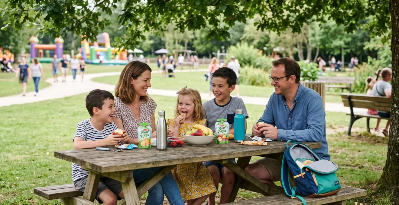 Famille de quatre personnes assises autour d'une table de pique-nique sous un arbre, partageant un goûter avec fruits et gourdes, dans un espace ombragé d'un parc de loisirs avec zones d'activités visibles en arrière-plan